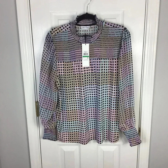 CALVIN KLEIN Women's Floral Mock Rainbow Check New Long Sleeve Large Blouse - Picture 1 of 4
